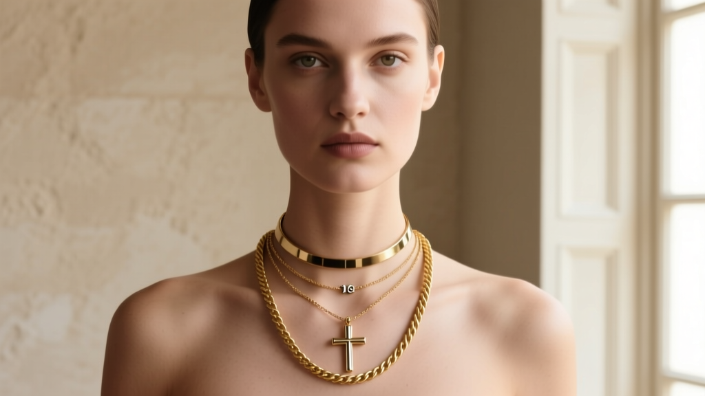 Model wearing a layered stack featuring a 16-inch choker, an 18-inch metal cross pendant, and a 20-inch plain gold rope chain
