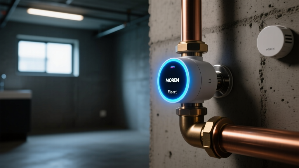 The Moen Flo smart water monitor installed on a main copper water line in a dimly lit basement with the LED status ring glowing.
