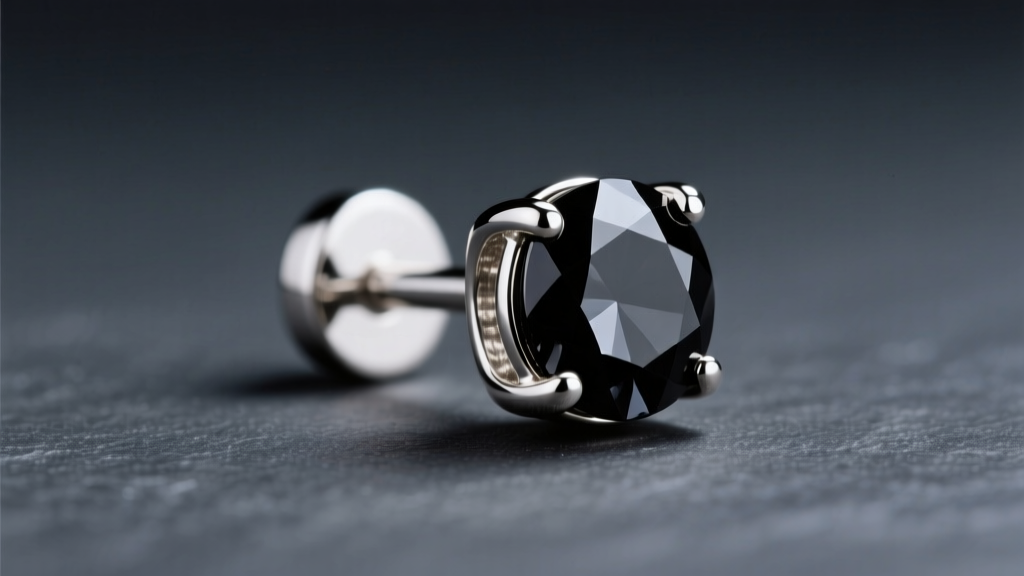 Close-up of a mens 14k white gold stud earring with a 0.25ct round treated black diamond on dark slate under moody studio lighting