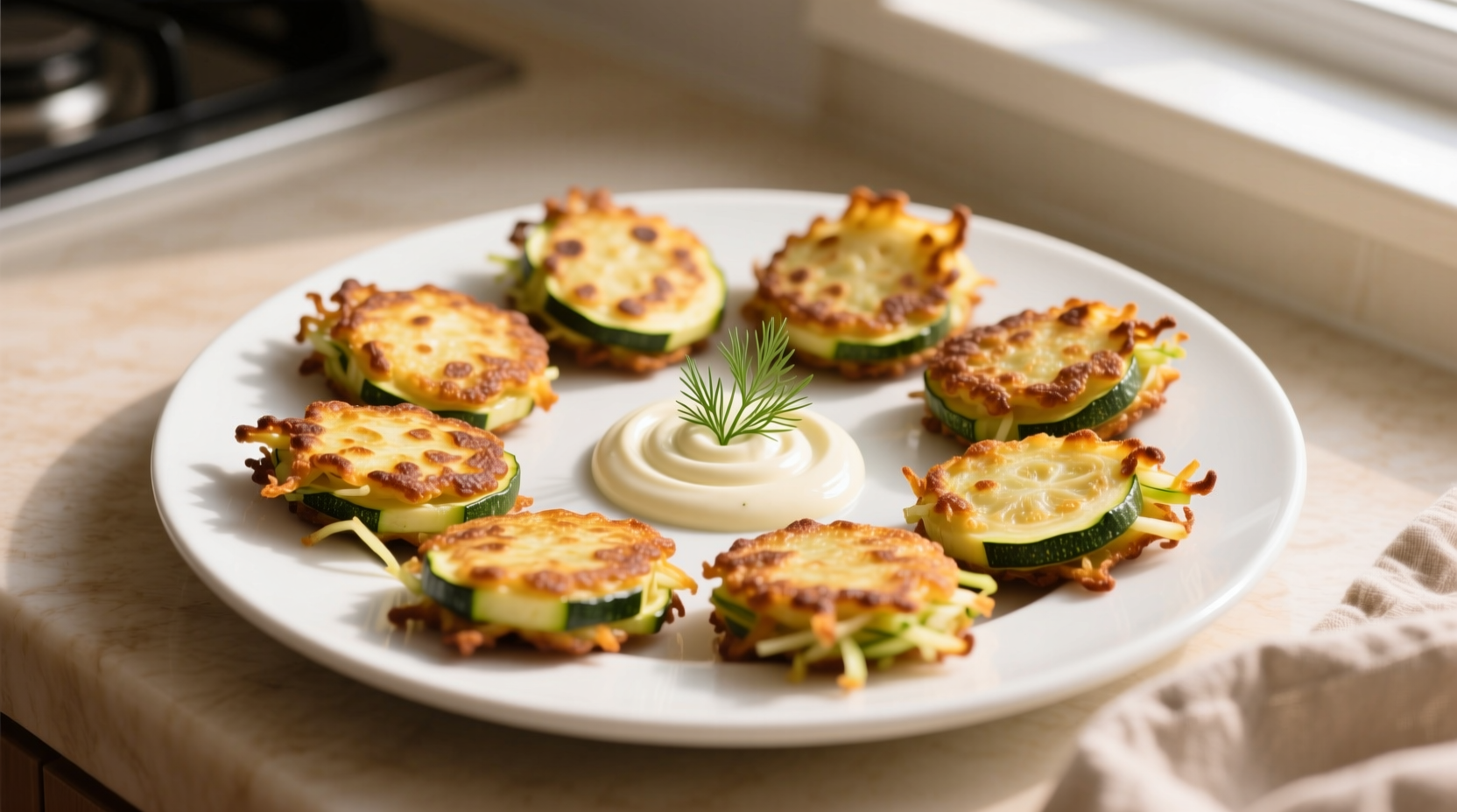 Golden brown zucchini and potato fritters on a white plate