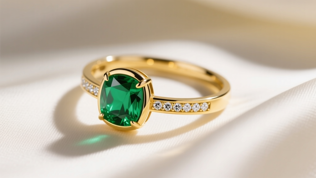Bezel-set emerald and diamond pendant in 18k yellow gold on silk, showing the smooth metal rim protecting the vivid green stone.