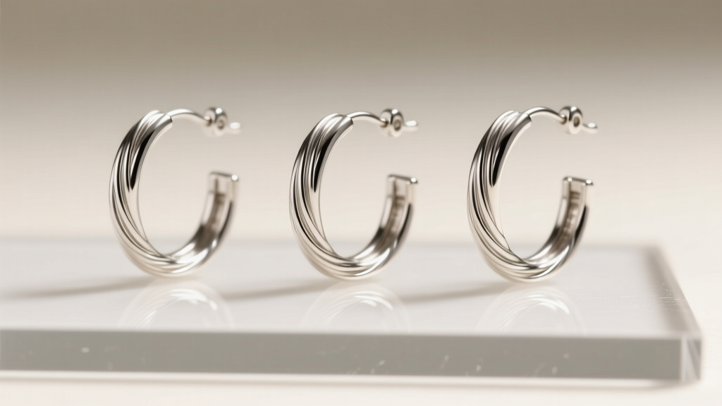 Macro shot comparing three silver hoop earring wire thicknesses, 20 gauge, 18 gauge, and 16 gauge, under bright studio lighting