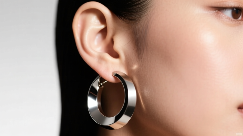 Close up of an ear wearing large hollow titanium big circle earrings, soft studio lighting gently highlighting the healthy earlobe