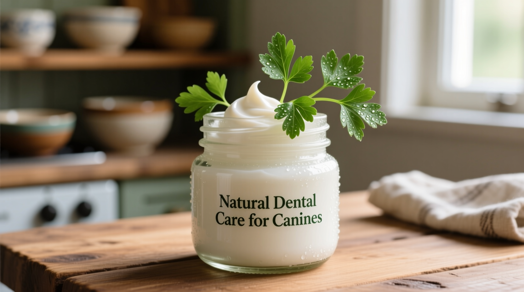 Dog toothpaste ingredients in mason jar with fresh parsley