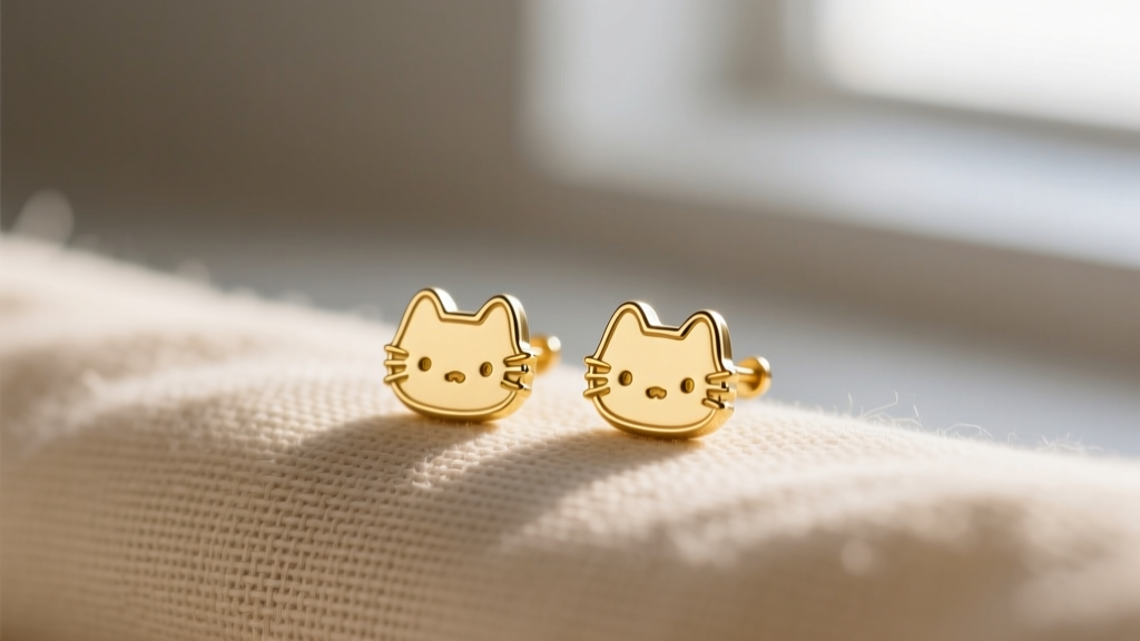 Close-up of 14k gold vermeil Pusheen stud earrings on beige linen, soft lighting highlighting hard enamel and crisp metal lines.