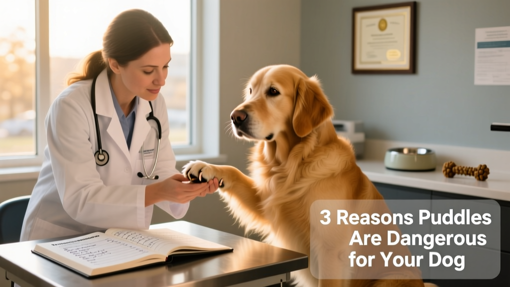 Veterinarian examining a dog during a wellness checkup, with vaccination records visible