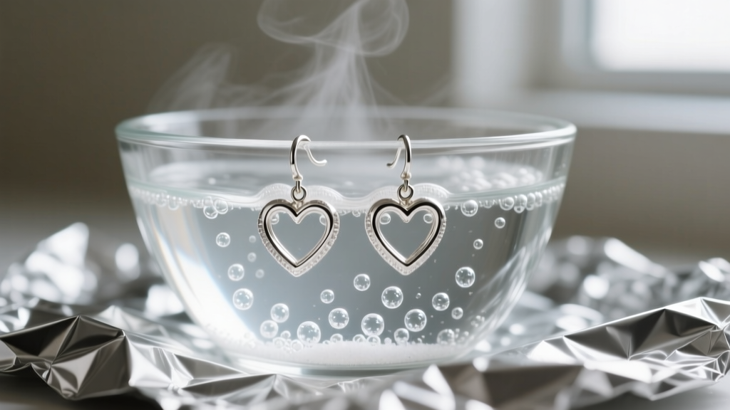 Heart silver earrings submerged in a glass bowl lined with aluminum foil, bubbling in a hot water and baking soda cleaning solution