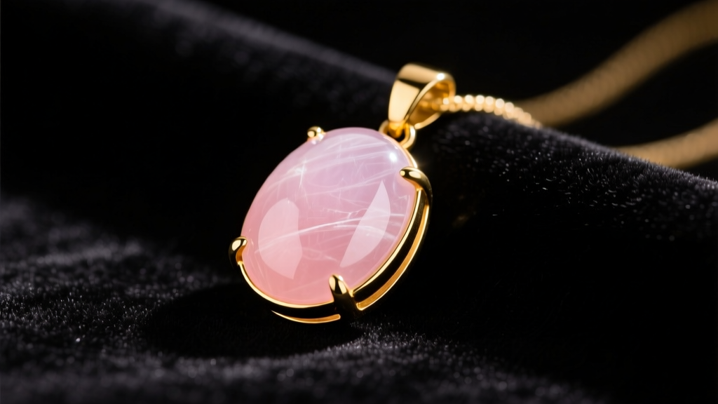 Blush-pink rose quartz cabochon pendant in a 14k yellow gold bezel resting on dark velvet under soft directional lighting