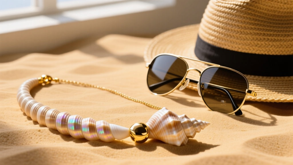 Flat lay of a long conch shell necklace with a gold clasp, resting on sand next to a pair of sunglasses and a woven straw hat.