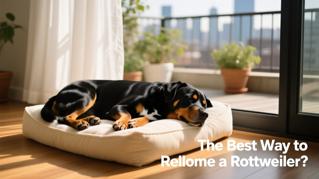 A relaxed Rottweiler resting peacefully on a cozy dog bed beside a window with soft natural light