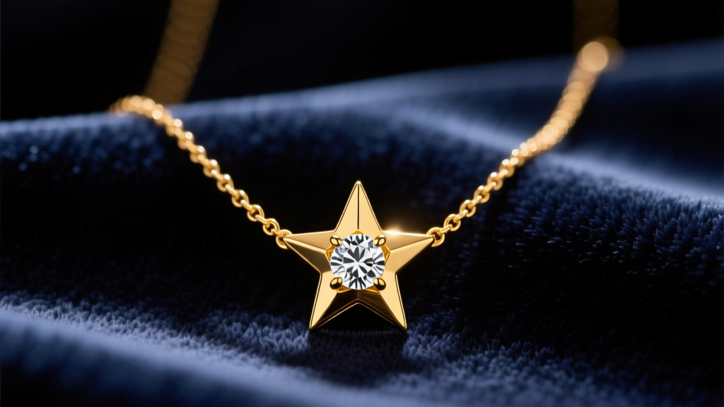 18k yellow gold evening star necklace with a star-cut diamond and pave halo resting on dark velvet under warm studio lighting.