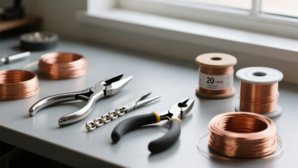 Jeweler workbench with flush cutters, chain nose pliers, and spools of 20-gauge copper wire for holiday jewelry production setup