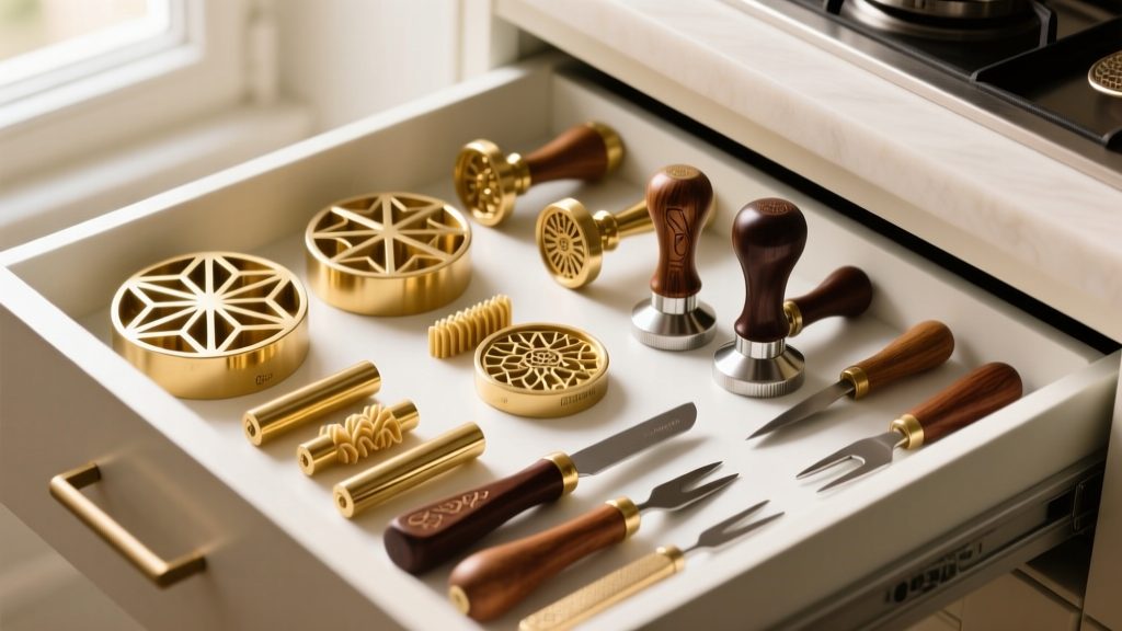 Organized kitchen drawer containing Italian cooking specialty gadgets including brass pasta extrusion dies and espresso tamps