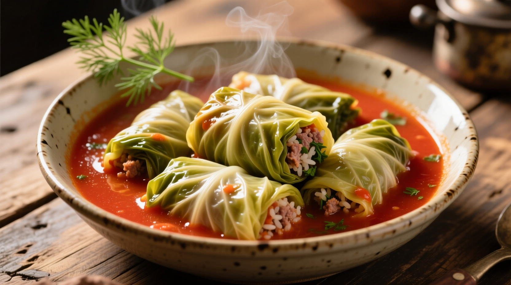 Perfectly formed stuffed cabbage rolls in tomato broth