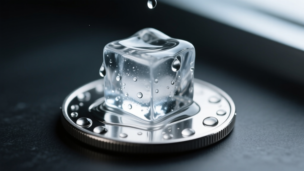 Clear ice cube melting rapidly on a polished sterling silver coin, water droplets forming, set against a blurred dark background.