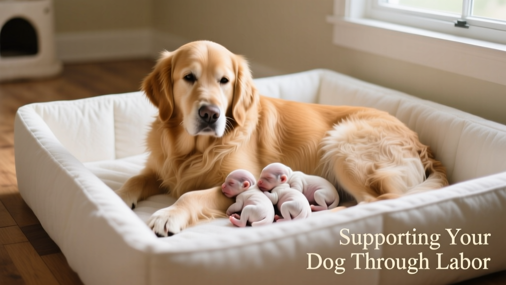 Golden Retriever resting comfortably in a clean, softly lined whelping box shortly after giving birth