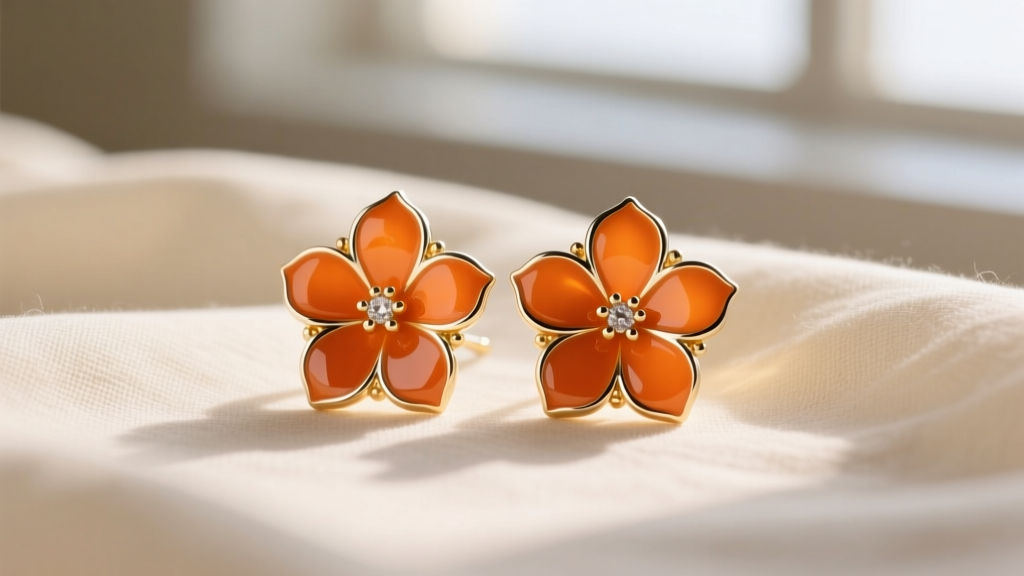 Macro shot of vibrant orange vitreous enamel flower earrings with gold-plated sterling silver petals resting on cream linen