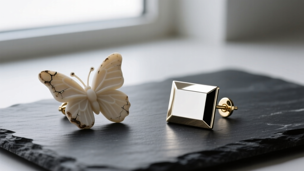 Comparison of a worn silicone butterfly back and a new 18k white gold La back earring clutch resting on a dark slate surface.