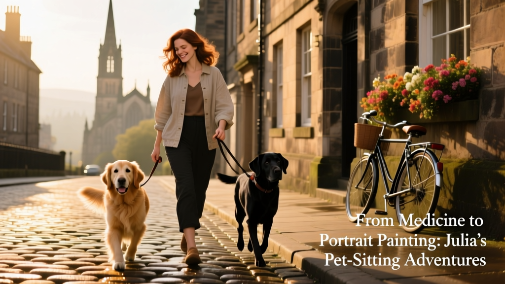 Julia walking two friendly dogs along a cobblestone street in Edinburgh at golden hour