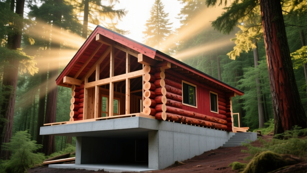 Western Red Cedar log cabin shell under construction on a concrete walk-out basement foundation, surrounded by tall evergreen trees