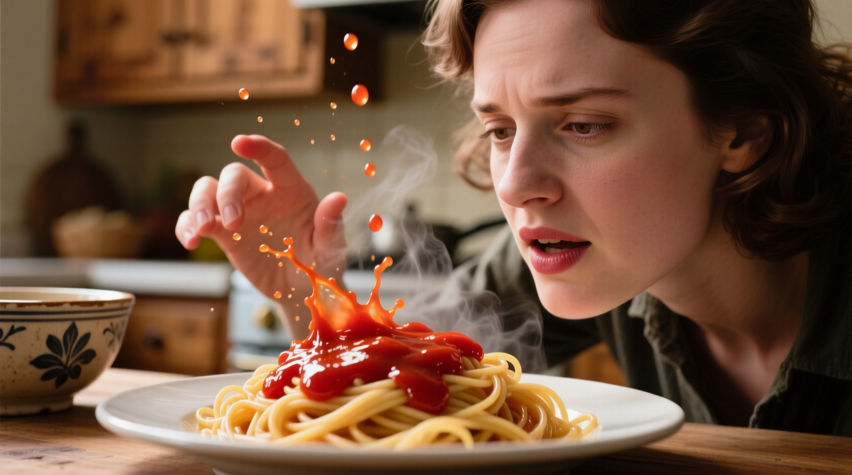 Person carefully avoiding tomato sauce on pasta dish