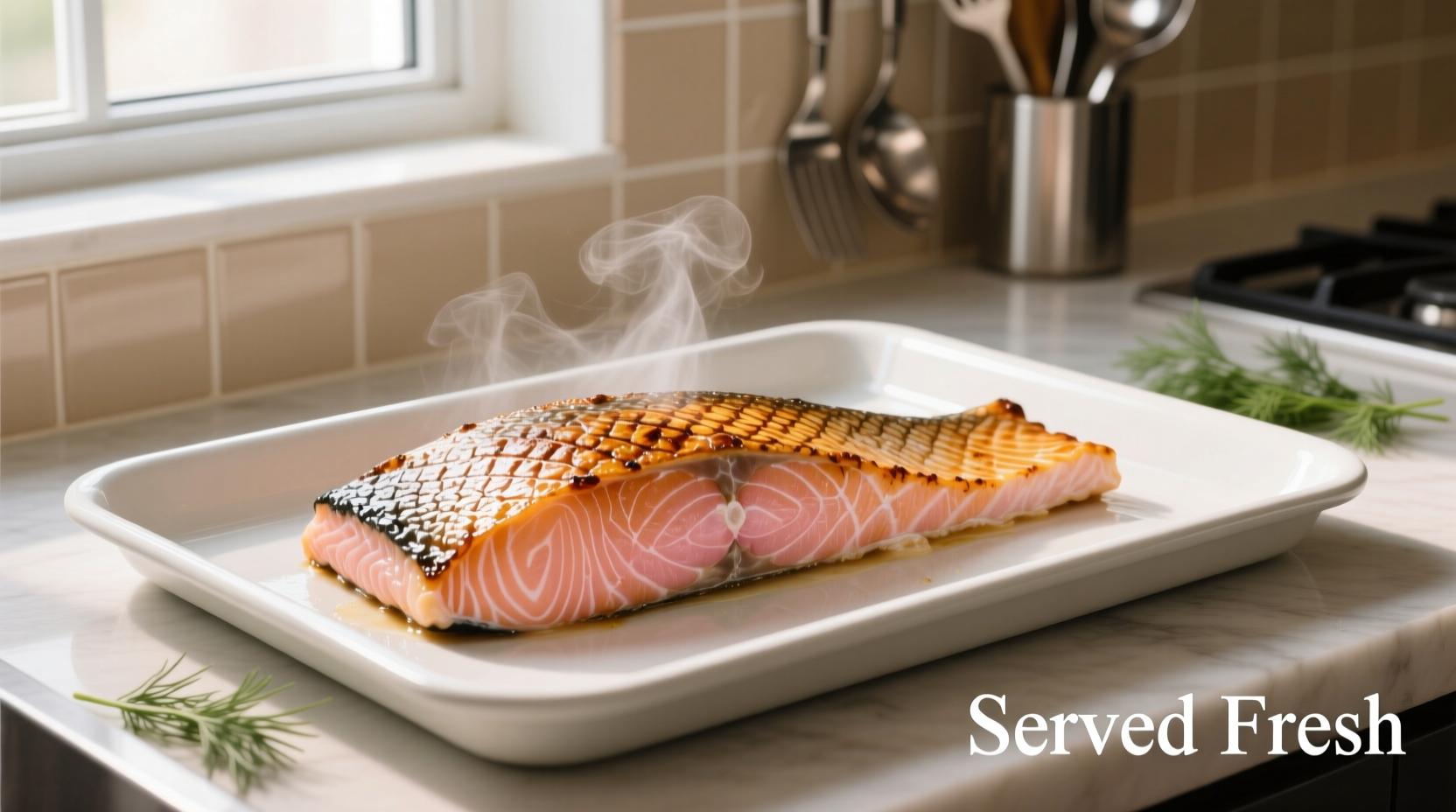 Perfectly cooked salmon with crispy skin on baking sheet
