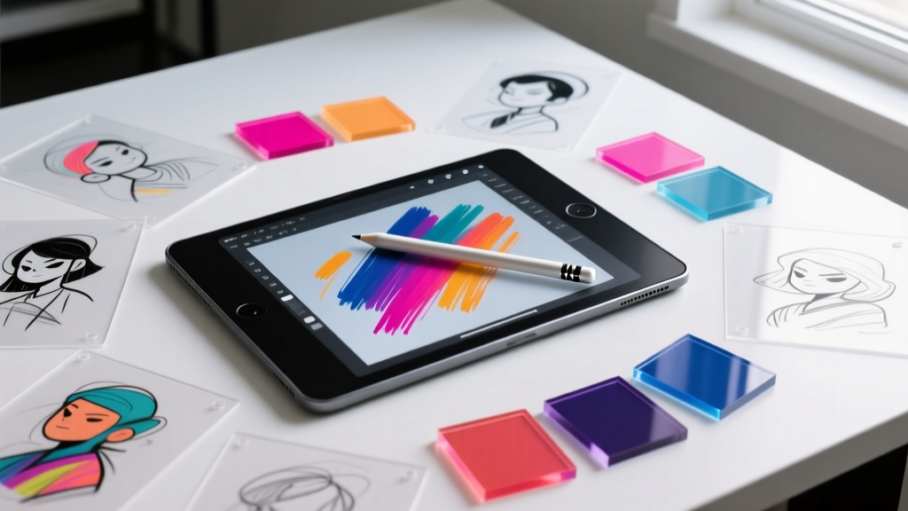 iPad Pro M4 with Apple Pencil Pro resting on a Wacom Intuos Pro drawing tablet surrounded by digital art sketches and color swatches