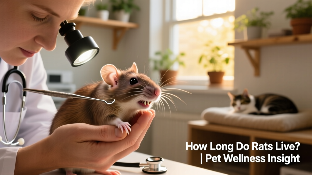 A gentle hand holding a calm, elderly rat while a veterinarian examines its teeth using a small light and soft tools during a routine wellness visit