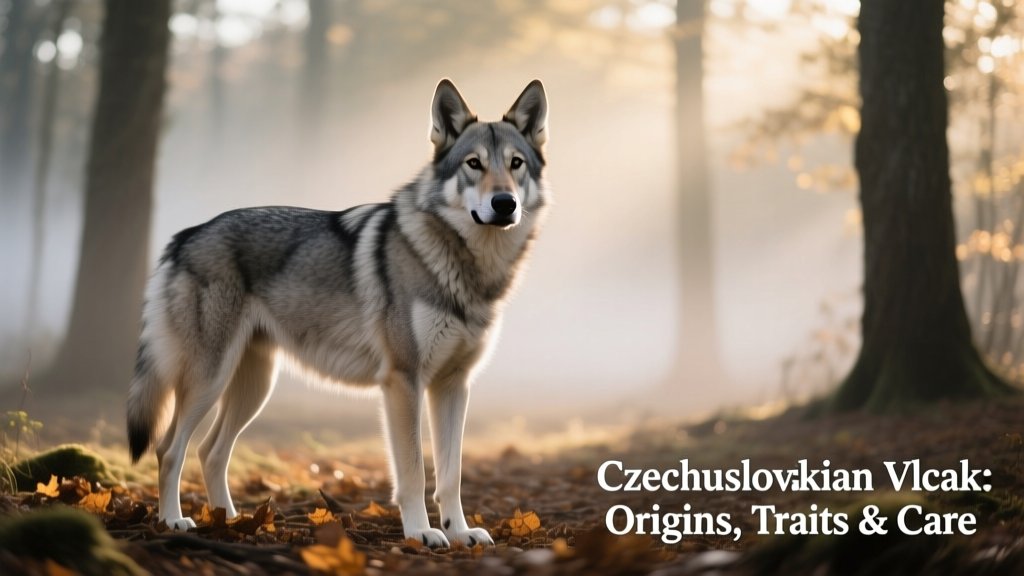 A majestic Czechoslovakian Wolfdog standing alert in a forest clearing, showcasing its wolf-like appearance and thick gray coat