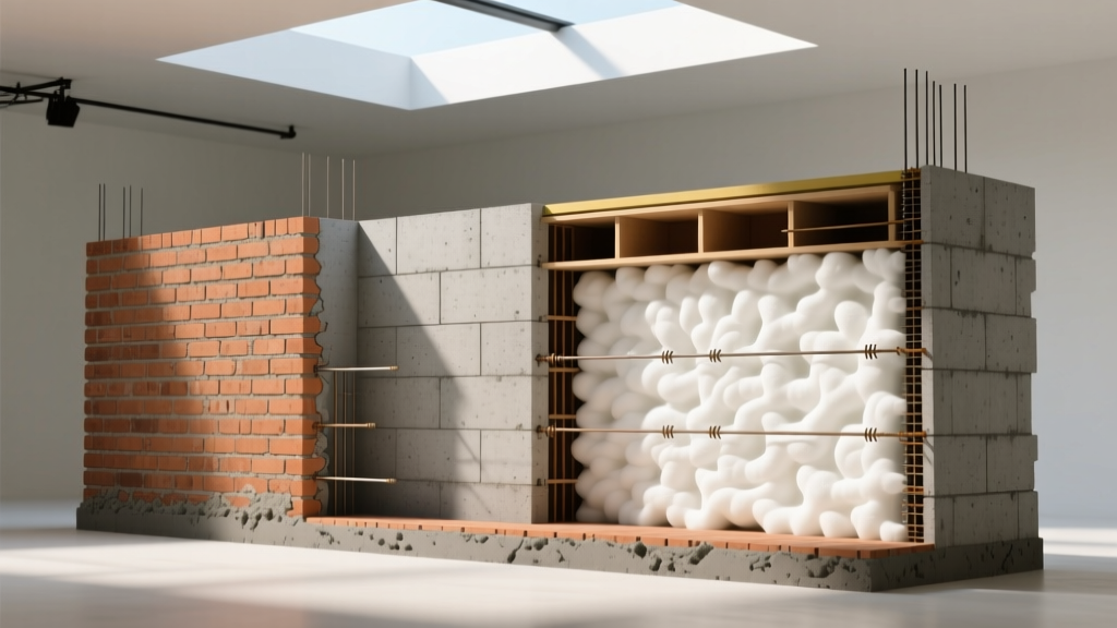 Architectural cutaway comparing traditional clay brick and concrete block masonry against modern insulated concrete form wall assemblies