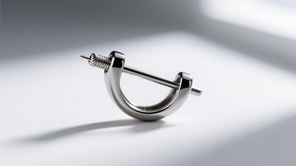 Macro photography showing the threadless pin mechanism of a premium 14-gauge titanium floating navel jewelry end, precise bend