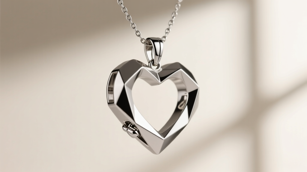 Side profile of a silver chunky heart necklace showing the structural depth of the 3D pendant and a secure locking lobster clasp.