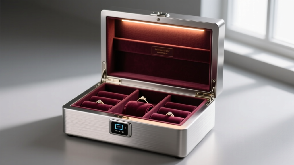 Close-up of a heavy-duty biometric jewelry box safe with brushed steel exterior, illuminated LED interior, and velvet ring rolls.