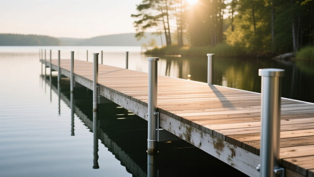Weathered composite decking boards extending over a calm freshwater lake, supported by galvanized steel pilings and aluminum framing
