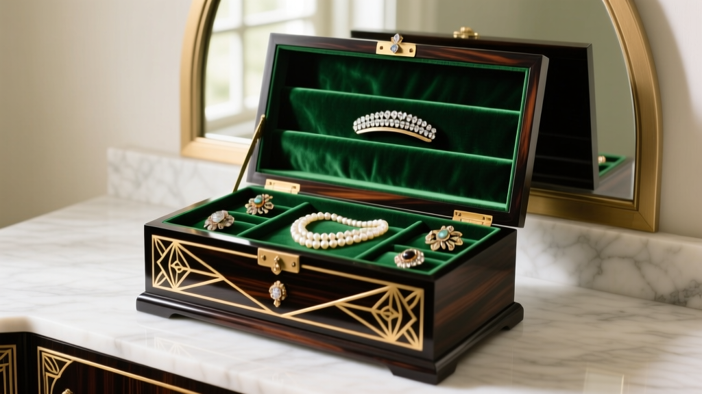 A luxurious 1920s Art Deco Macassar ebony vintage jewelry chest open on a marble vanity, revealing emerald green velvet tiers.