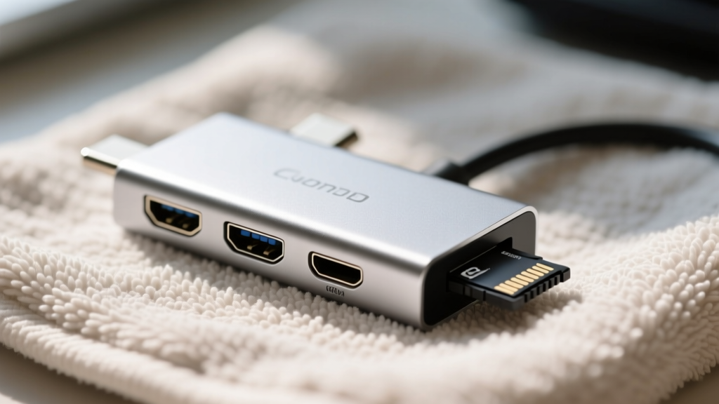 Close-up of an aluminum USB-C multiport adapter on a microfiber towel, displaying HDMI and SD card slots completely free of sand and debris