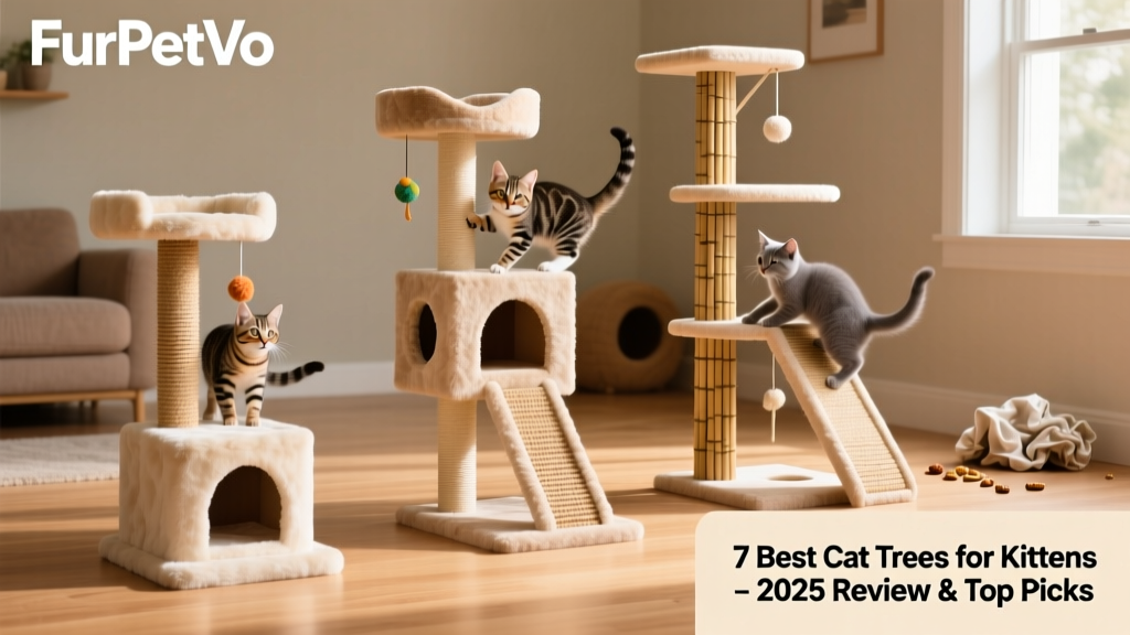 Side-by-side comparison of three FurPetVo kitten cat trees showing varying heights, textures, and interactive features