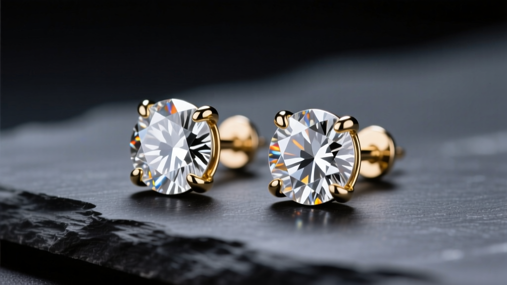 Macro shot of 1-carat round brilliant moissanite stud earrings in 14k white gold on dark slate under soft studio lighting.