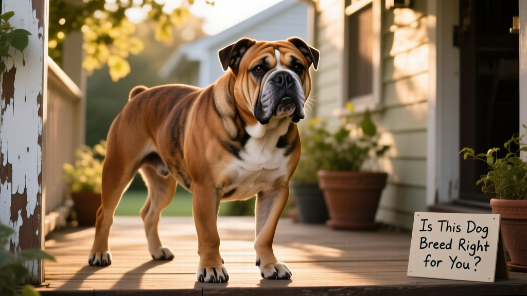 A mature, well-conditioned Olde English Bulldogge standing confidently on a sunlit porch, highlighting its strong musculature, expressive eyes, and calm, alert presence