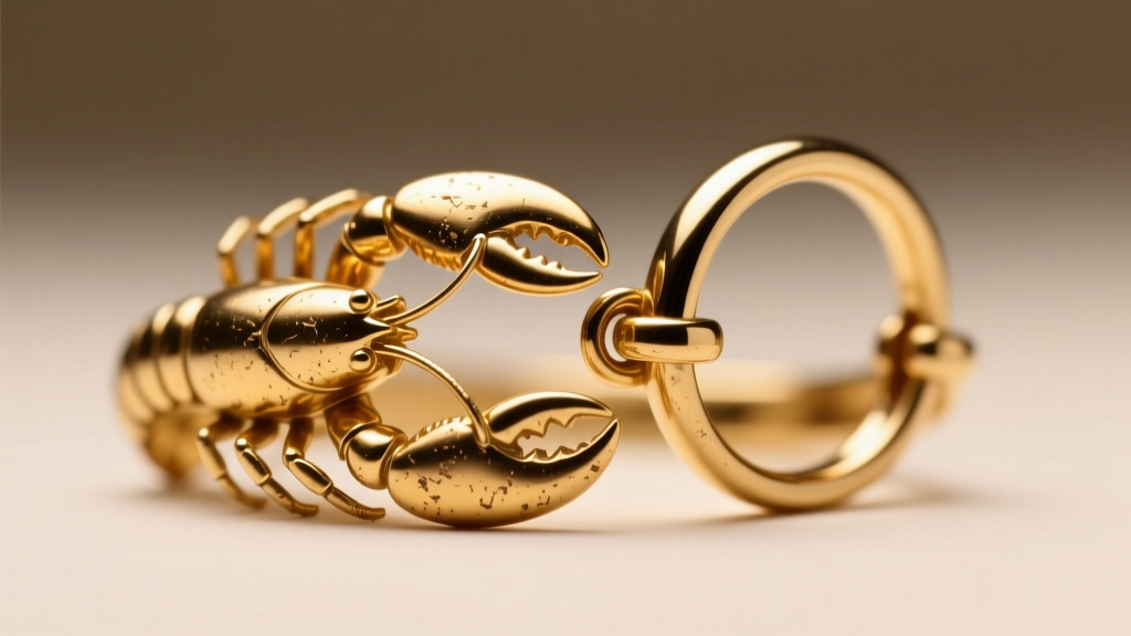 Macro shot of a jewelry lobster clasp and jump ring showing slight brass wear on the gold plating under bright studio lighting.