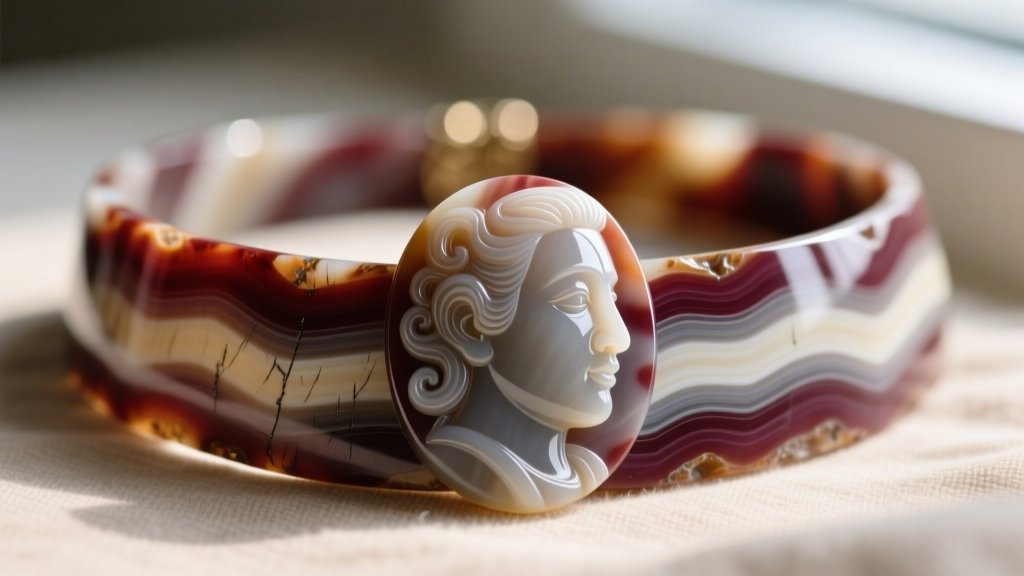 Macro photography of an antique sardonyx agate cameo choker showing intricate tool marks and deep undercuts in the carved portrait