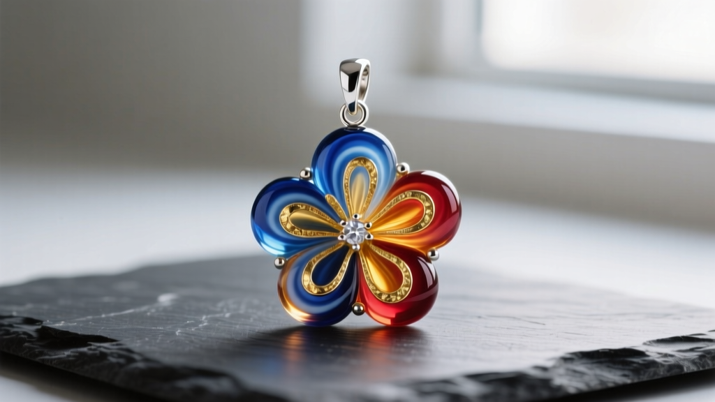 Vibrant Murano glass floral charm with 14k gold foil inclusions and silver bail, resting on dark slate under soft natural daylight.