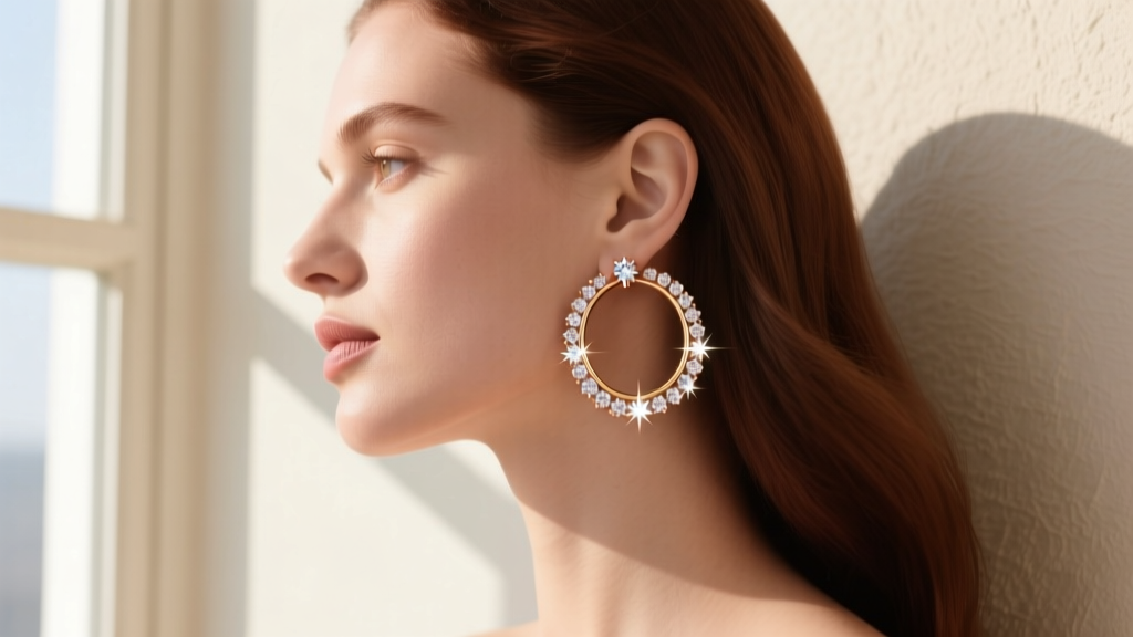 Side profile of a woman wearing 30mm inside out diamond hoop earrings highlighting continuous sparkle along the inner gold curve