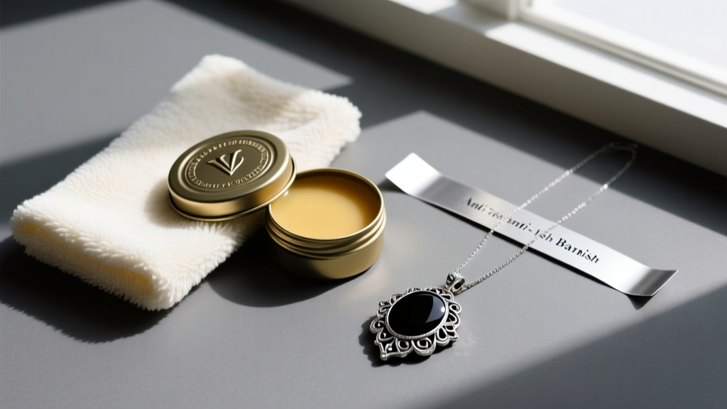 Overhead shot of fashion jewelry care supplies including microfiber cloths, anti-tarnish strips, and wax tin next to a dark pendant