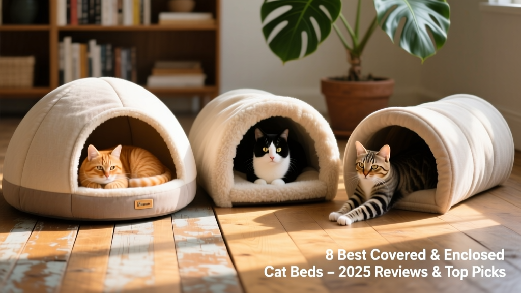 Three different FurPetVo enclosed cat beds arranged side-by-side on a sunlit wooden floor: dome, cave, and tunnel styles