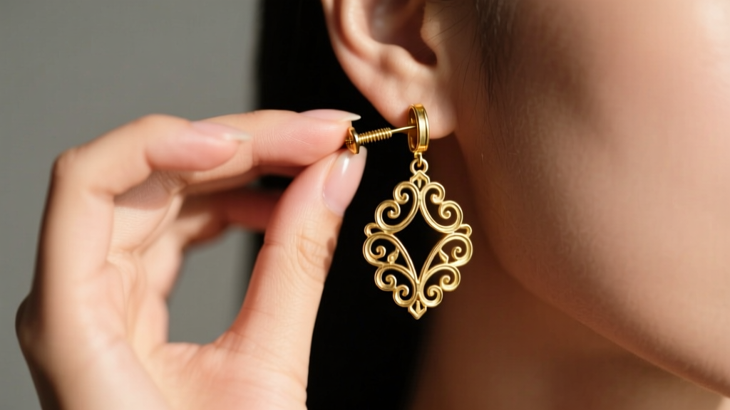 Close-up of a woman adjusting the screw-back mechanism on a vintage gold clip on cross earring with intricate filigree details