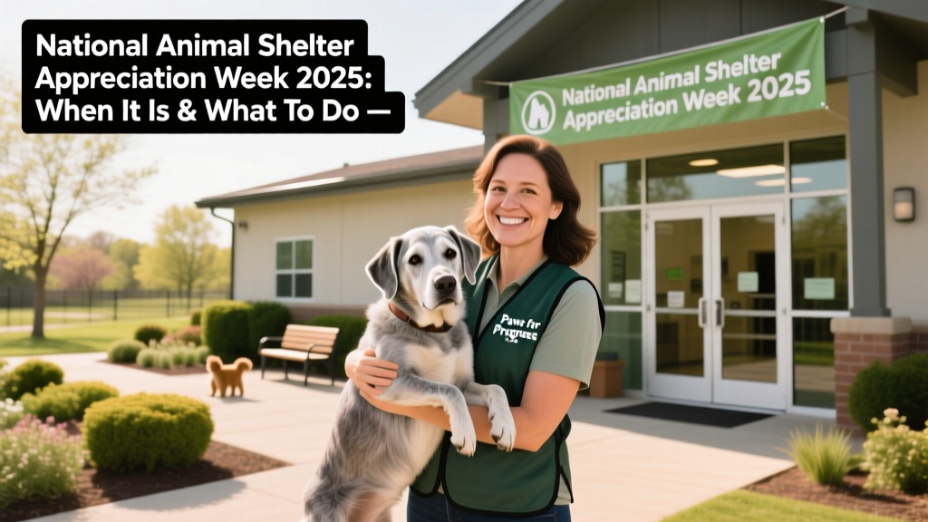 A joyful volunteer holding a gentle senior dog outside a clean, well-maintained shelter facility