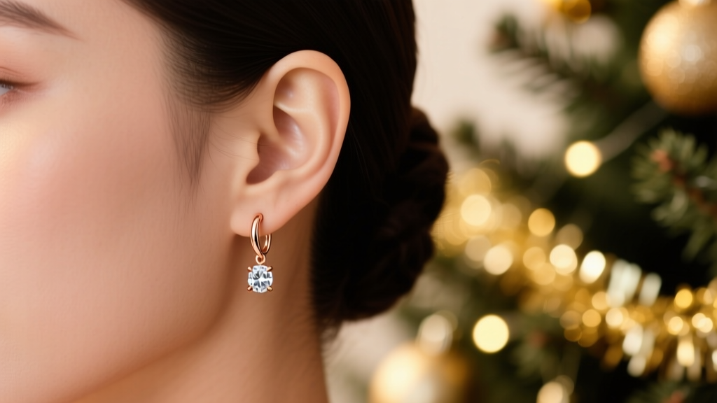 Ear wearing a rose gold french hook diamond drop earring, hair tucked back against a softly blurred festive holiday background.