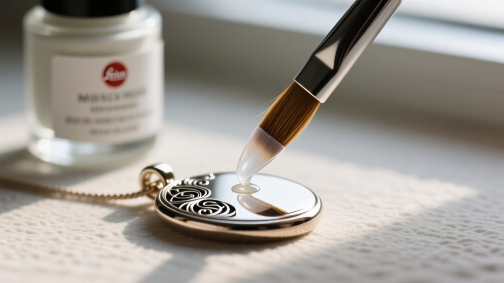 Small brush applying clear protective coating to a metal pendant, with sealant bottle in the blurred background.