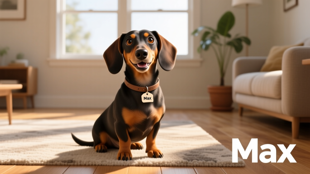 A happy, healthy Dachshund sitting alertly on a sunlit living room rug, showcasing its characteristic long body and expressive eyes